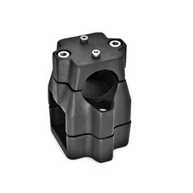  KMU.E Cross linear unit connectors, multi-piece, unequal bore dimensions, aluminum Surface: 2 - Black, textured powder-coated, RAL 9005<br />d<sub>1</sub> / s<sub>1</sub>: B - Bore<br />d<sub>2</sub> / s<sub>2</sub>: V - Square