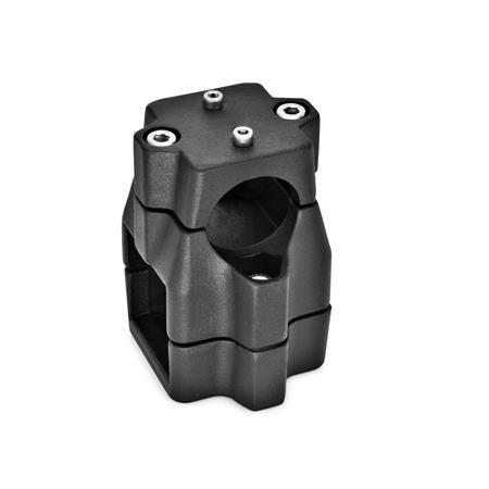  KMU.E Cross linear unit connectors, multi-piece, unequal bore dimensions, aluminum Surface: 2 - Black, textured powder-coated, RAL 9005
d<sub>1</sub> / s<sub>1</sub>: B - Bore
d<sub>2</sub> / s<sub>2</sub>: V - Square
