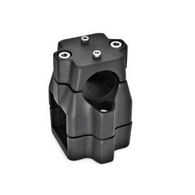  KMU.E Kreuz-Verfahrschlitten, mehrteilig, ungleiche Bohrungsmaße, Aluminium Oberfläche: 2 - strukturiert pulverbeschichtet, Schwarz, RAL 9005<br />d<sub>1</sub> / s<sub>1</sub>: B - Bohrung<br />d<sub>2</sub> / s<sub>2</sub>: V - Vierkant
