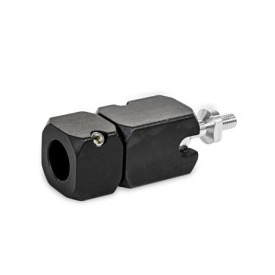  TGK Swivel ball joint clamp mountings, aluminum Typ: A - With axial bore<br />Version: S - Ball element with external thread<br />Screw point: D - Grub screw with stainless steel hex socket (DIN 913)<br />Surface: S - Anodized black