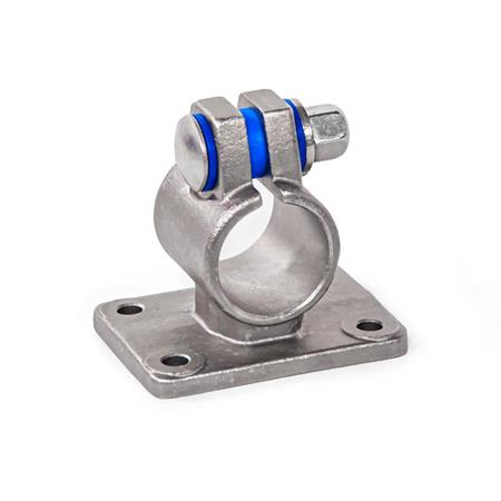  FE Flansch-Klemmverbinder, mit vier Befestigungsbohrungen, Edelstahl Typ: B - mit Dichtungen (Dichtscheiben Polyacetal POM, blau, Zwischenring Silikon 40 ... 60 Shore A, blau)
