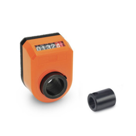  VZPM Position indicators, mechanical with adapter bushing Installation (Front view): AN - On the chamfer, above<br />Hollow shaft / adapter bushing material: ST - Steel<br />Surface Polyamide (PA): OR - shiny finish, Orange, RAL 2004
