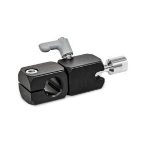  TGK Kugelgelenk-Klemmhalter, Aluminium Typ: Q - mit Querbohrung<br />Ausstattung: I - Kugelstück mit Innengewinde<br />Schraubstelle: 8 - mit Klemmhebel, Griffkörper Zink-Druckguss strukturiert pulverbeschichtet, Silber RAL 9006<br />Oberfläche: S - schwarz eloxiert