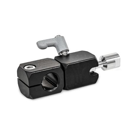  TGK Kugelgelenk-Klemmhalter, Aluminium Typ: Q - mit Querbohrung
Ausstattung: I - Kugelstück mit Innengewinde
Schraubstelle: 8 - mit Klemmhebel, Griffkörper Zink-Druckguss strukturiert pulverbeschichtet, Silber RAL 9006
Oberfläche: S - schwarz eloxiert