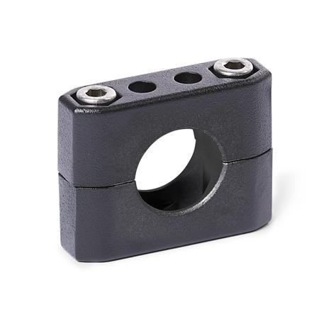  CM Schellen-Klemmverbinder, mehrteilig, Aluminium d<sub>1</sub> / s<sub>1</sub>: B - Bohrung
Oberfläche: 2 - strukturiert pulverbeschichtet, Schwarz, RAL 9005