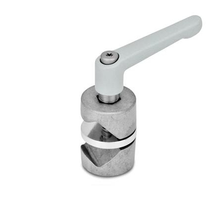  GMV Gelenk-Klemmverbinder, verdrehbar, Aluminium Typ: 8 - mit Klemmhebel, Griffkörper Zink-Druckguss strukturiert pulverbeschichtet, Silber RAL 9006 bei Oberfläche 2 / G  | Griffkörper Edelstahl-Feinguss 1.4308 (A2), matt gestrahlt bei Oberfläche ED, Gewindeeinsatz Edelstahl 1.4305, Schraube A1 und Sechskantmutter DIN 934-A2
Oberfläche: G - gleitgeschliffen, gleitgeschliffen, matt