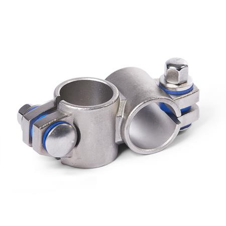  KE Kreuz-Klemmverbinder, Edelstahl Typ: B - mit Dichtungen (Dichtscheiben Polyacetal POM, blau, Zwischenring Silikon 40 ... 60 Shore A, blau)