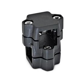  KM Kreuz-Klemmverbinder, mehrteilig, Aluminium d1/s1: V - Vierkant<br />d2/s2: V - Vierkant<br />Oberfläche: 2 - strukturiert pulverbeschichtet, Schwarz, RAL 9005
