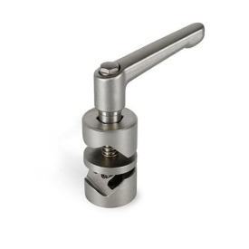  GMV Gelenk-Klemmverbinder, verdrehbar, Edelstahl Typ: 8 - mit Klemmhebel, Griffkörper Zink-Druckguss strukturiert pulverbeschichtet, Silber RAL 9006 bei Oberfläche 2 / G  | Griffkörper Edelstahl-Feinguss 1.4308 (A2), matt gestrahlt bei Oberfläche ED, Gewindeeinsatz Edelstahl 1.4305, Schraube A1 und Sechskantmutter DIN 934-A2