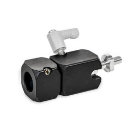  TGK Kugelgelenk-Klemmhalter, Aluminium Typ: A - mit Axialbohrung<br />Ausstattung: S - Kugelstück mit Außengewinde<br />Schraubstelle: 8 - mit Klemmhebel, Griffkörper Zink-Druckguss strukturiert pulverbeschichtet, Silber RAL 9006<br />Oberfläche: S - schwarz eloxiert