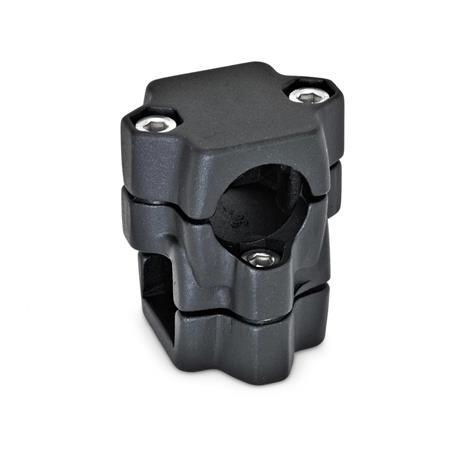  KM Cross clamps, multi-piece, aluminum d1/s1: B - Bore
d2/s2: V - Square
Finish: 2 - Black, textured powder-coated, RAL 9005