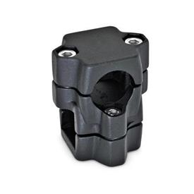  KM Kreuz-Klemmverbinder, mehrteilig, Aluminium d1/s1: B - Bohrung<br />d2/s2: V - Vierkant<br />Oberfläche: 2 - strukturiert pulverbeschichtet, Schwarz, RAL 9005