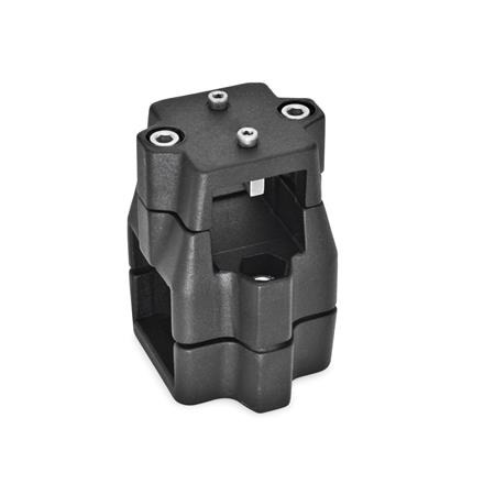  KMU.E Cross linear unit connectors, multi-piece, unequal bore dimensions, aluminum Surface: 2 - Black, textured powder-coated, RAL 9005
d<sub>1</sub> / s<sub>1</sub>: V - Square
d<sub>2</sub> / s<sub>2</sub>: V - Square