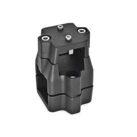  KMU.E Kreuz-Verfahrschlitten, mehrteilig, ungleiche Bohrungsmaße, Aluminium Oberfläche: 2 - strukturiert pulverbeschichtet, Schwarz, RAL 9005<br />d<sub>1</sub> / s<sub>1</sub>: V - Vierkant<br />d<sub>2</sub> / s<sub>2</sub>: V - Vierkant