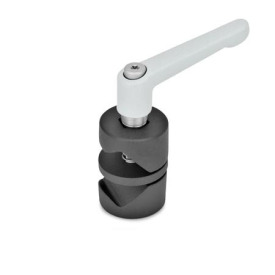  GMV Gelenk-Klemmverbinder, verdrehbar, Aluminium Typ: 8 - mit Klemmhebel, Griffkörper Zink-Druckguss strukturiert pulverbeschichtet, Silber RAL 9006 bei Oberfläche 2 / G  | Griffkörper Edelstahl-Feinguss 1.4308 (A2), matt gestrahlt bei Oberfläche ED, Gewindeeinsatz Edelstahl 1.4305, Schraube A1 und Sechskantmutter DIN 934-A2<br />Oberfläche: 2 - strukturiert pulverbeschichtet, Schwarz, RAL 9005