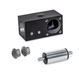  YLD L-angle gears, for double tube linear units Surface: 2 - Black, textured powder-coated, RAL 9005<br />Type: B - Angle gear box + bevel gear wheel set + drive unit (steel chrome plated)