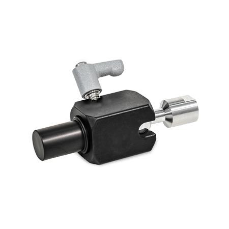  TGK Kugelgelenk-Klemmhalter, Aluminium Typ: W - mit Bolzen, Aluminium
Ausstattung: I - Kugelstück mit Innengewinde
Schraubstelle: 8 - mit Klemmhebel, Griffkörper Zink-Druckguss strukturiert pulverbeschichtet, Silber RAL 9006
Oberfläche: S - schwarz eloxiert