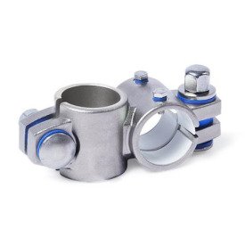  KE.E Kreuz-Verfahrschlitten für Einachssysteme, Edelstahl Typ: B - mit Dichtungen (Dichtscheiben Polyacetal POM, blau, Zwischenring Silikon 40 ... 60 Shore A, blau)