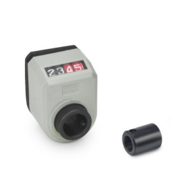  VZPM Position indicators, mechanical with adapter bushing Installation (Front view): AN - On the chamfer, above<br />Hollow shaft / adapter bushing material: ST - Steel<br />Surface Polyamide (PA): GR - shiny finish, Gray, RAL 7035
