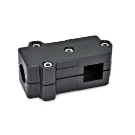  TMD T-clamps, multi-piece, aluminum d<sub>1</sub> / s<sub>1</sub>: B - Bore<br />d<sub>2</sub> / s<sub>2</sub>: V - Square<br />Surface: 2 - Black, textured powder-coated, RAL 9005