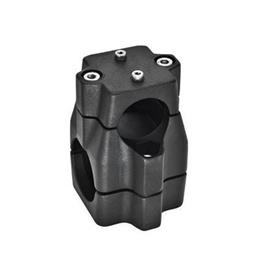  KMU.E Cross linear unit connectors, multi-piece, unequal bore dimensions, aluminum Surface: 2 - Black, textured powder-coated, RAL 9005<br />d<sub>1</sub> / s<sub>1</sub>: B - Bore<br />d<sub>2</sub> / s<sub>2</sub>: B - Bore