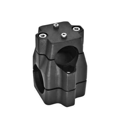  KMU.E Cross linear unit connectors, multi-piece, unequal bore dimensions, aluminum Surface: 2 - Black, textured powder-coated, RAL 9005
d<sub>1</sub> / s<sub>1</sub>: B - Bore
d<sub>2</sub> / s<sub>2</sub>: B - Bore