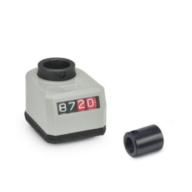  VZPM Position indicators, mechanical with adapter bushing Installation (Front view): AR - On the chamfer, below<br />Hollow shaft / adapter bushing material: ST - Steel<br />Surface Polyamide (PA): GR - shiny finish, Gray, RAL 7035